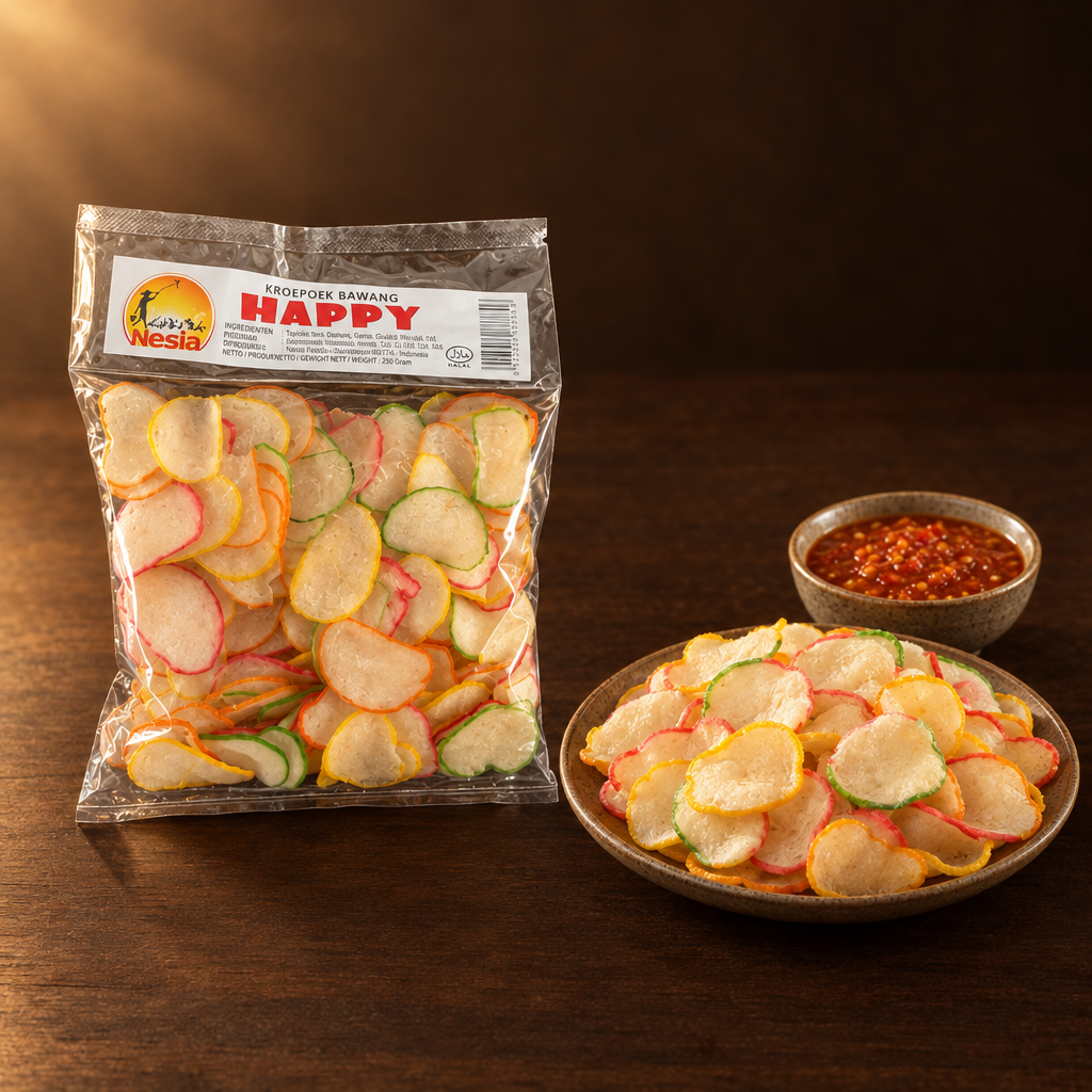 Kerupuk Happy 250g – Packung mit bunten Krupuk und Chili-Dip