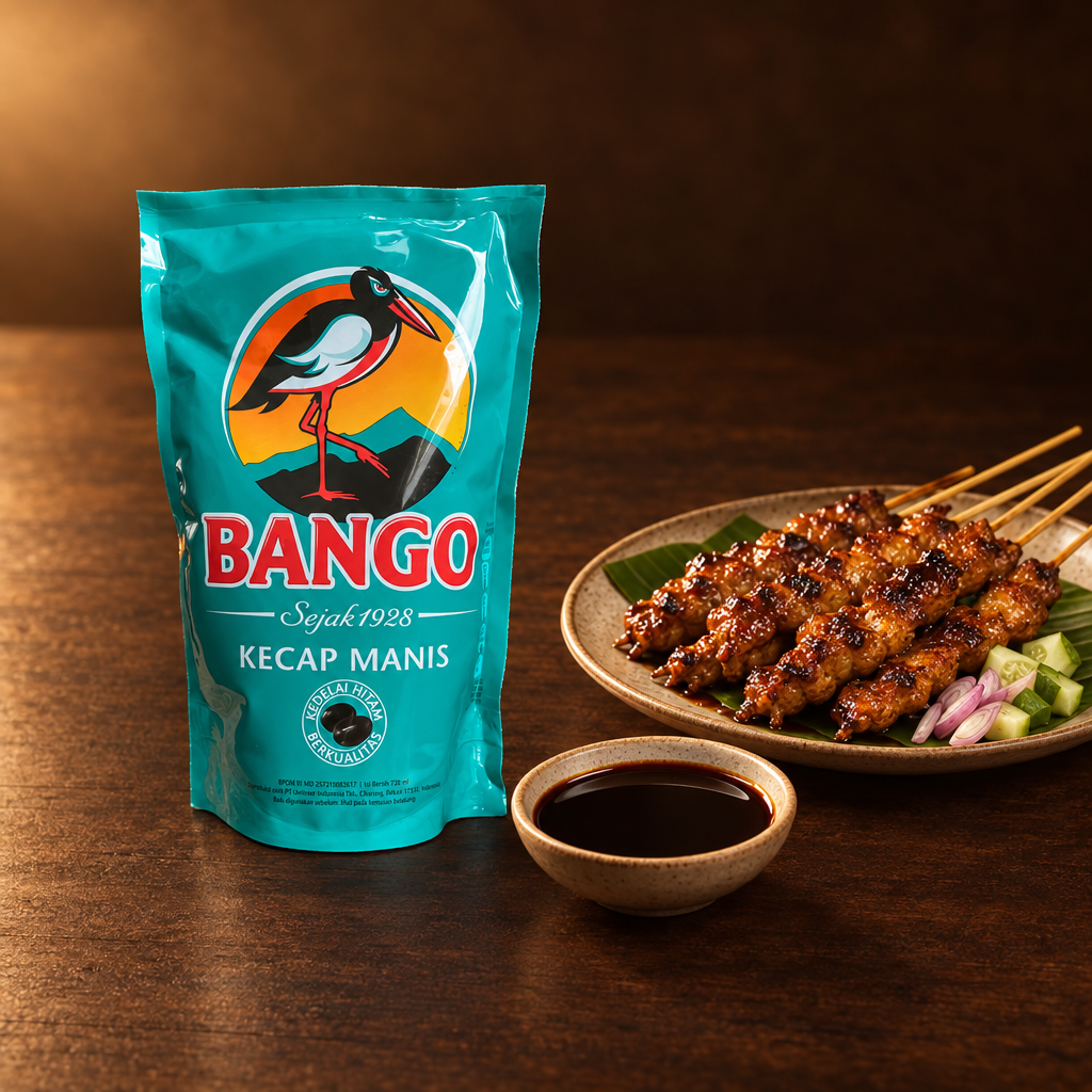Bango Kecap Manis Refill 720 ml – Nachfüllbeutel mit Saté-Spießen