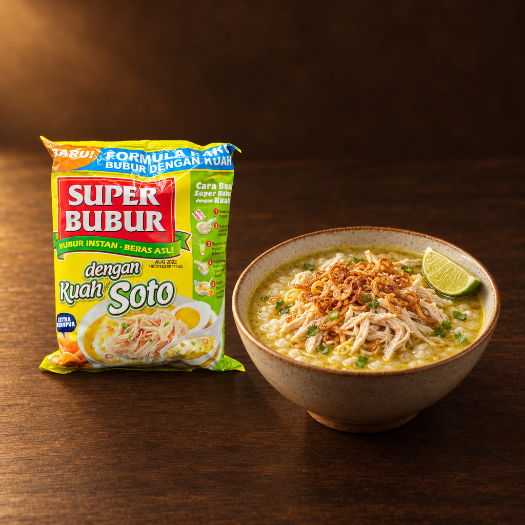 Super Bubur Instant Rasa Soto 46g – Packung mit angerichtetem Soto-Reisbrei