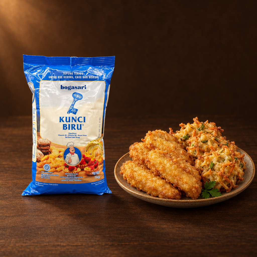 Bogasari Kunci Biru 1 kg – Mehlpackung mit Pisang Goreng und Bakwan