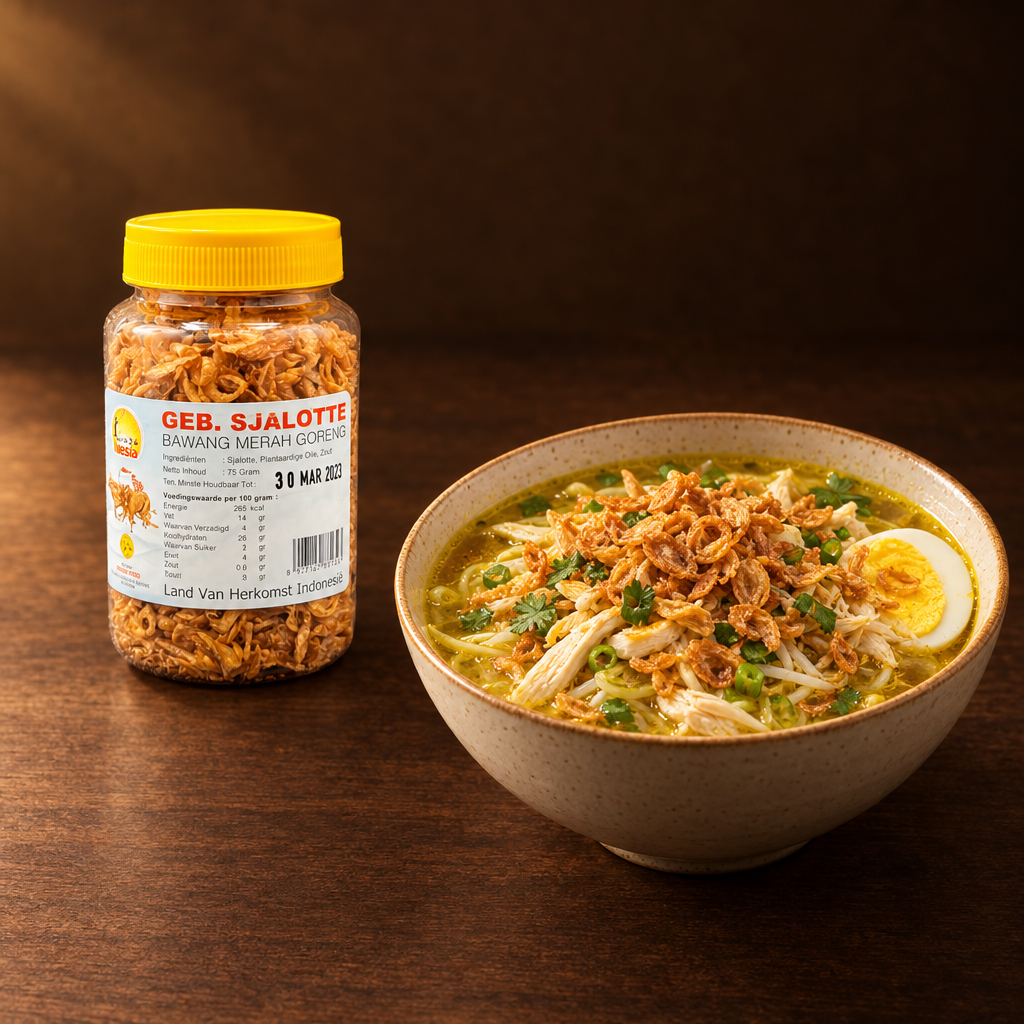 Bawang Merah Goreng – Packung mit Röstzwiebeln auf Soto Ayam