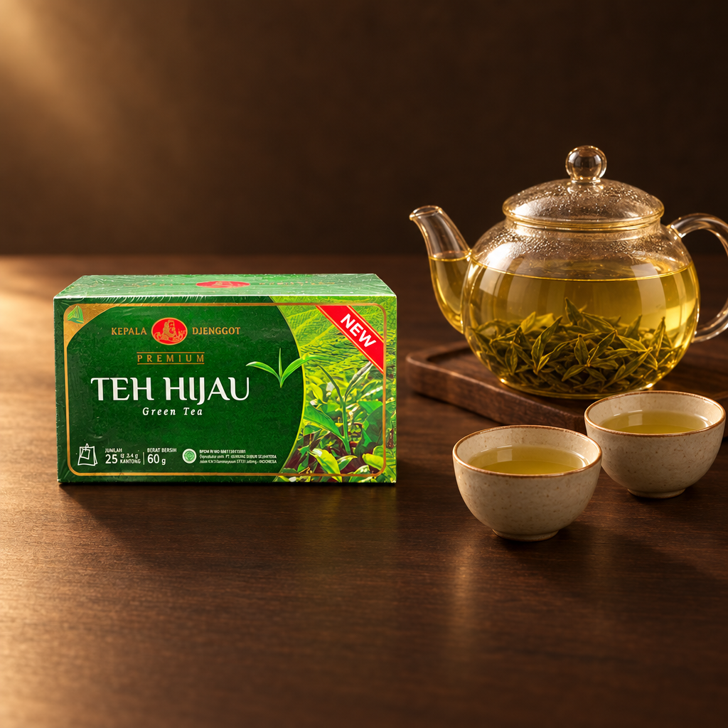 Kepala Djenggot Teh Hijau 100g – Packung mit Teekanne und Tassen