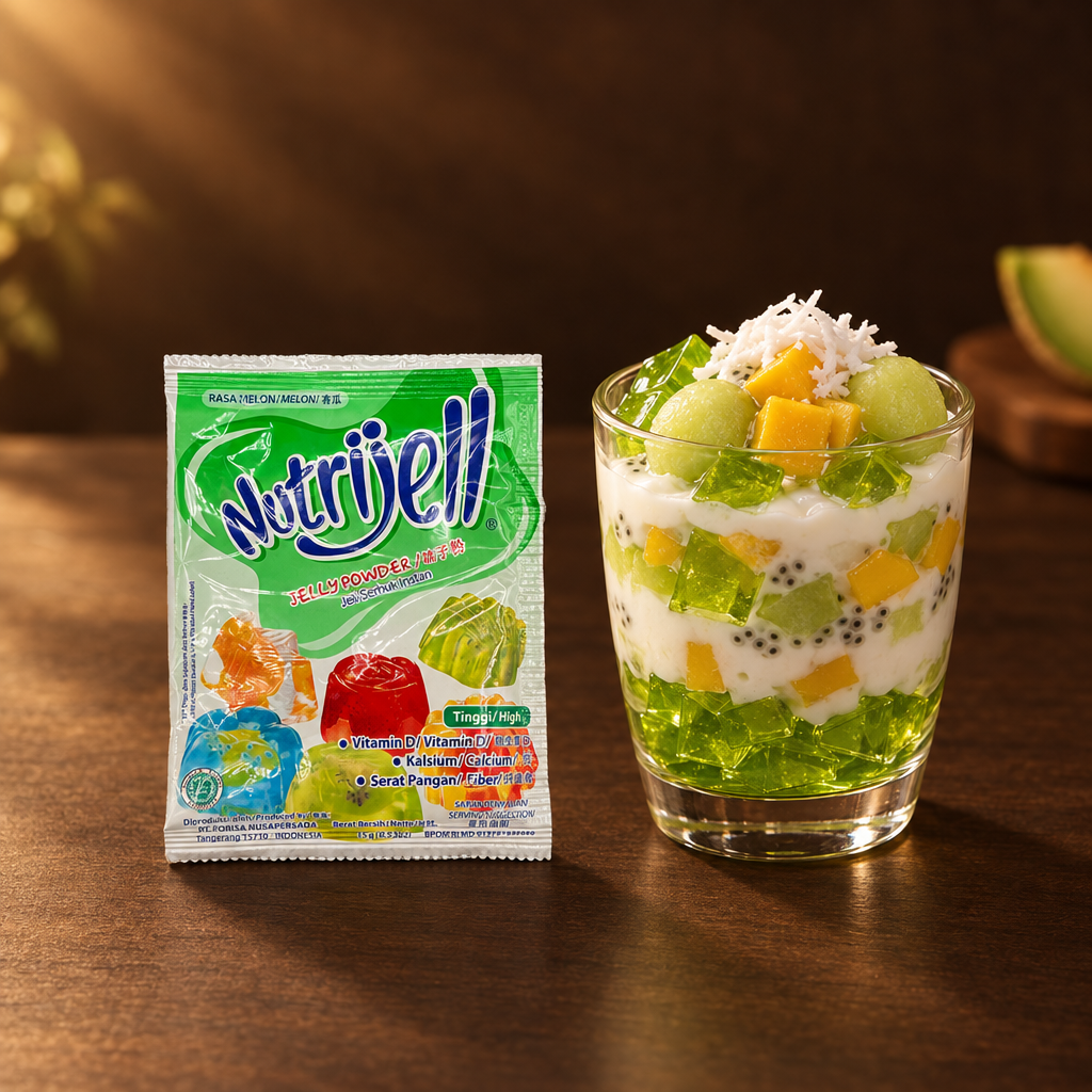 Nutrijell Jelly Powder Rasa Melon 15g – Packung mit Schichtdessert