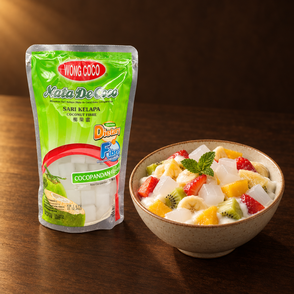 Nata De Coco Cubes Rasa Cocopandan 360g – Packung mit Fruchtsalat