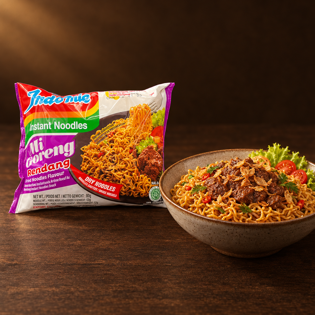 Indomie Mie Goreng Rasa Rendang 85 g – Packung mit Nudeln und Rendang