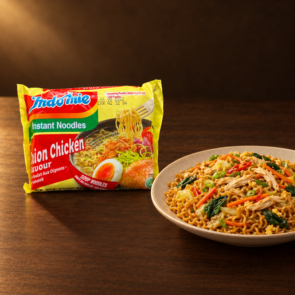 Indomie Rasa Ayam Bawang 85 g – Packung mit gebratenen Nudeln