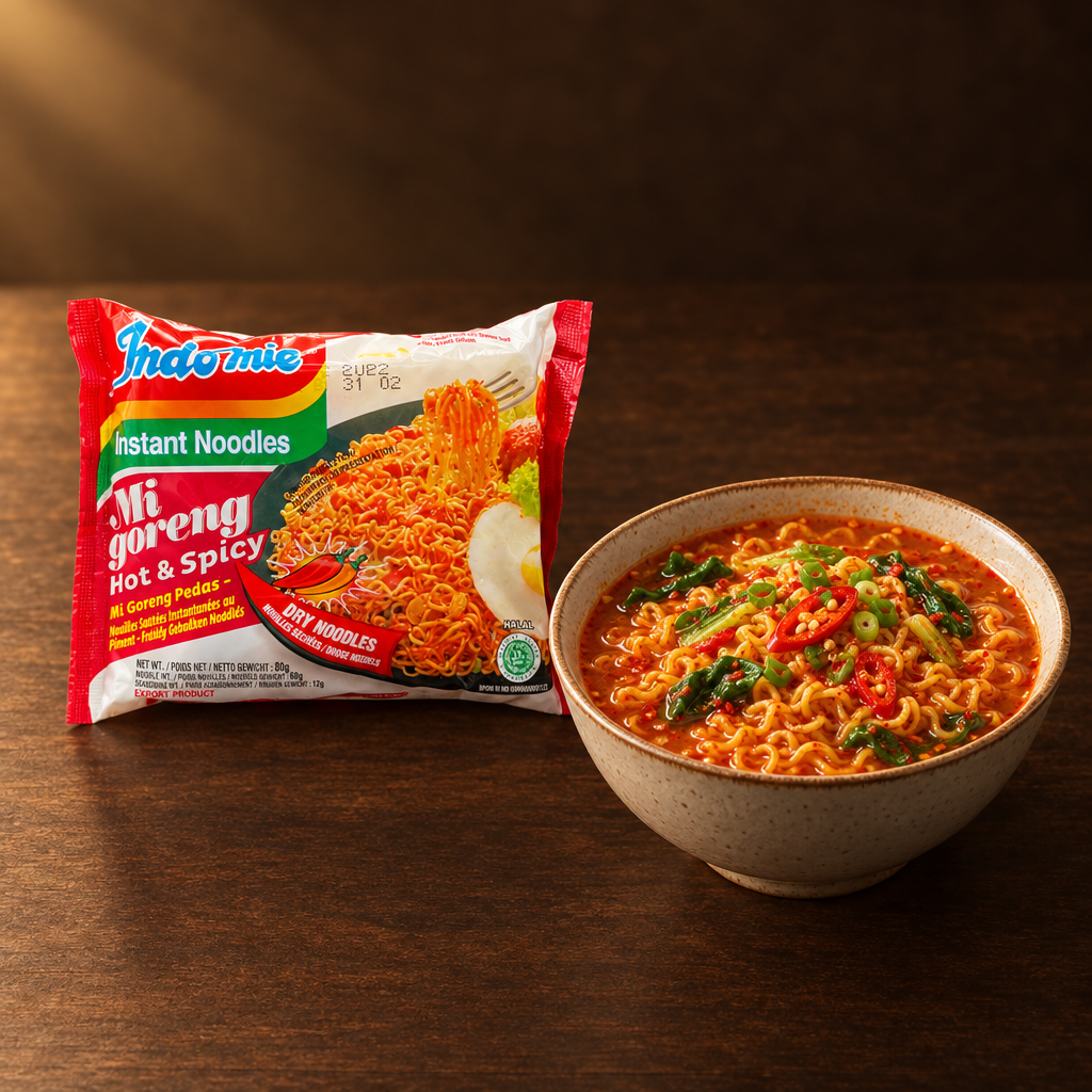 Indomie Mie Goreng Pedas 85 g – Packung mit scharfer Nudelsuppe