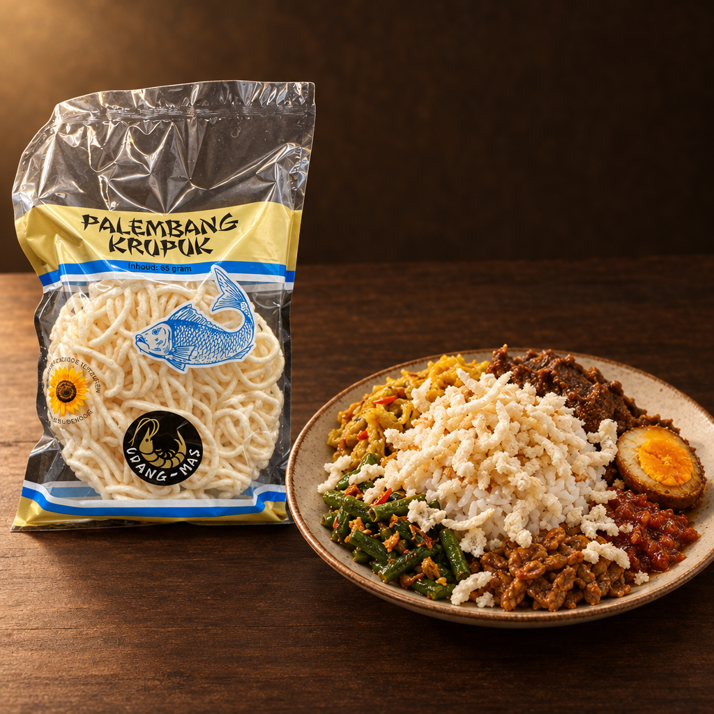Udang Mas Kerupuk Palembang – Packung mit Krupuk auf Nasi Campur