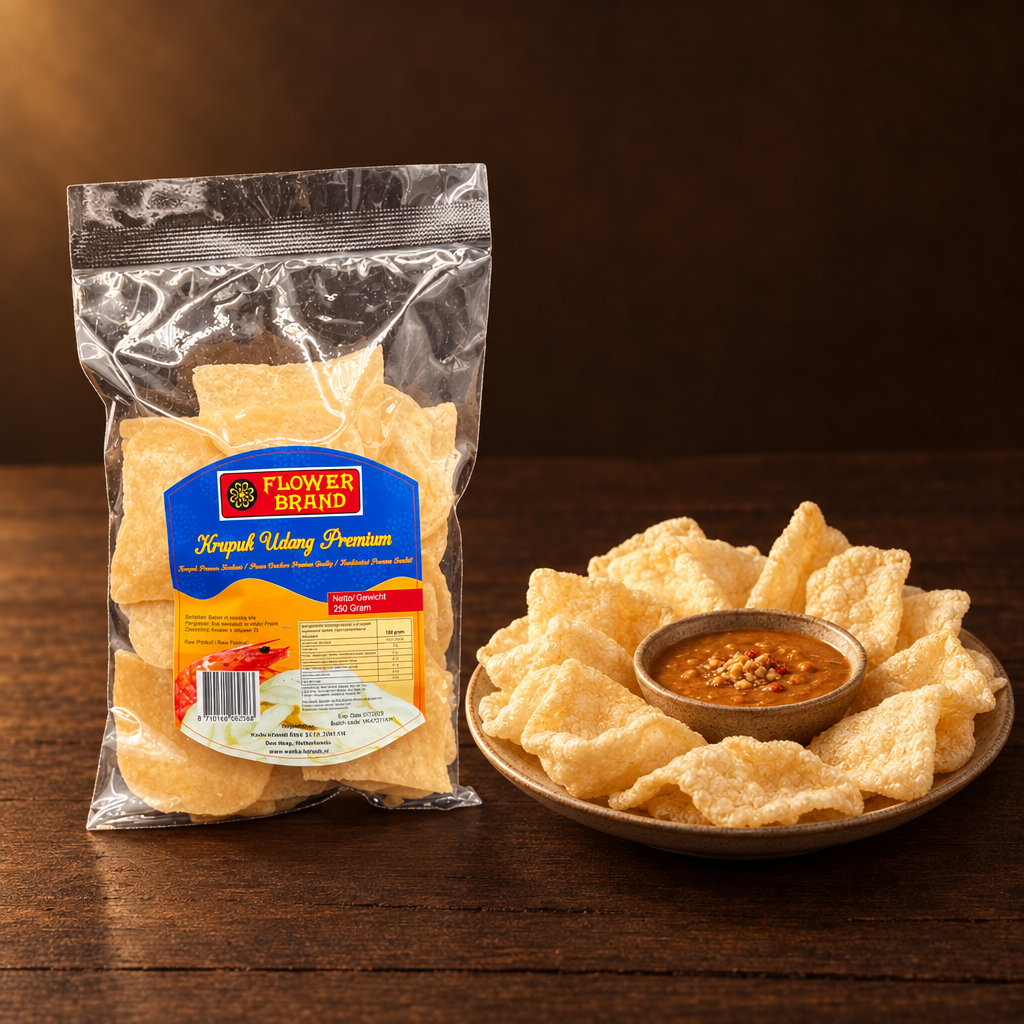 Kerupuk Udang Premium Flower Brand 250g – Packung mit Krupuk und Erdnussdip