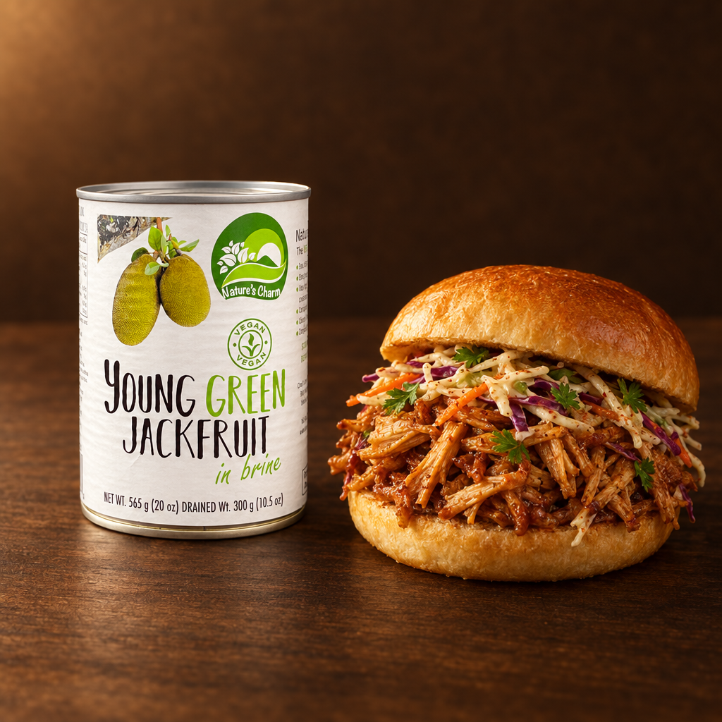 Nature's Charm Nangka Muda 300g – Dose mit veganem Pulled-Jackfruit-Burger