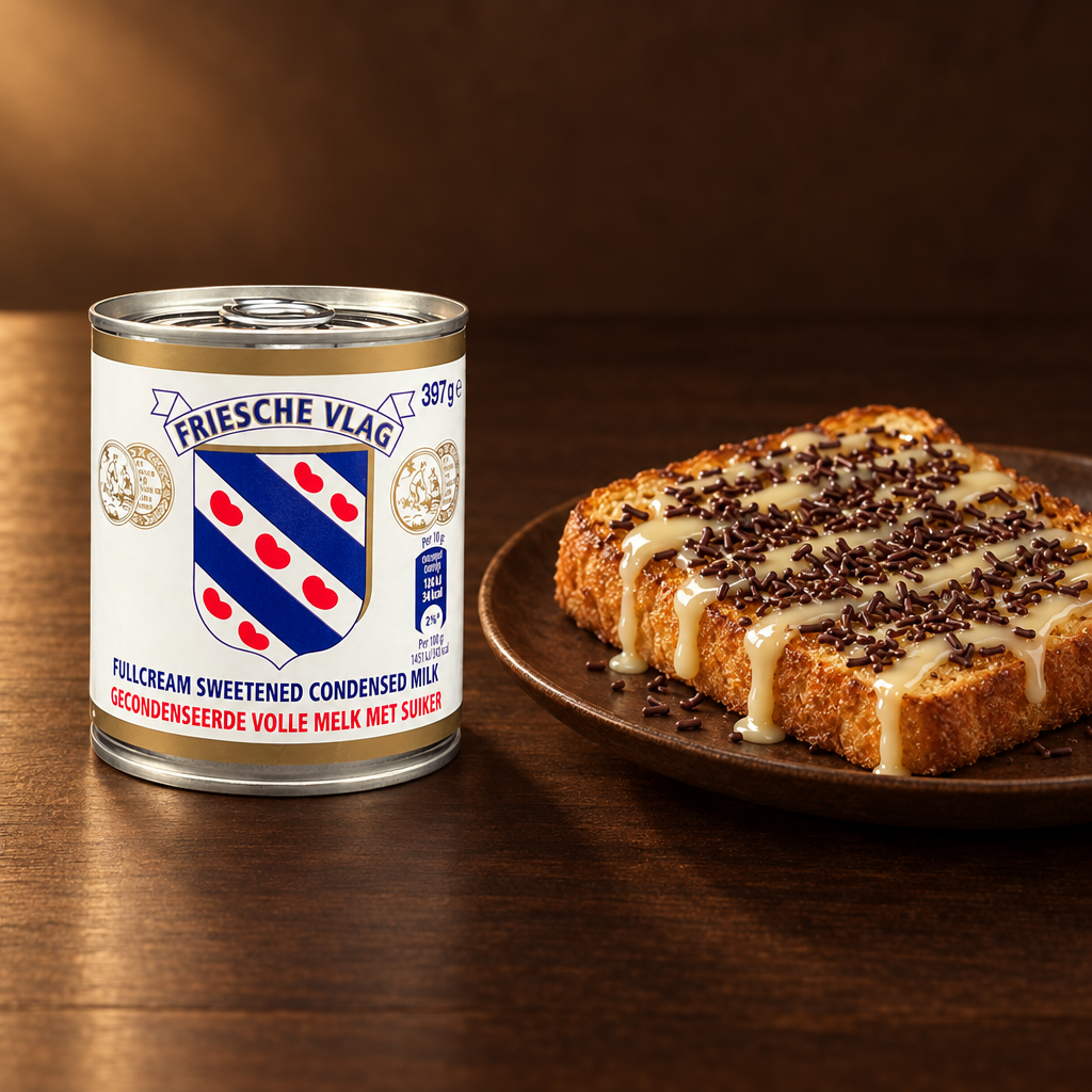 Frisian Flag Susu Kental Manis 397 g – Dose mit Roti Bakar