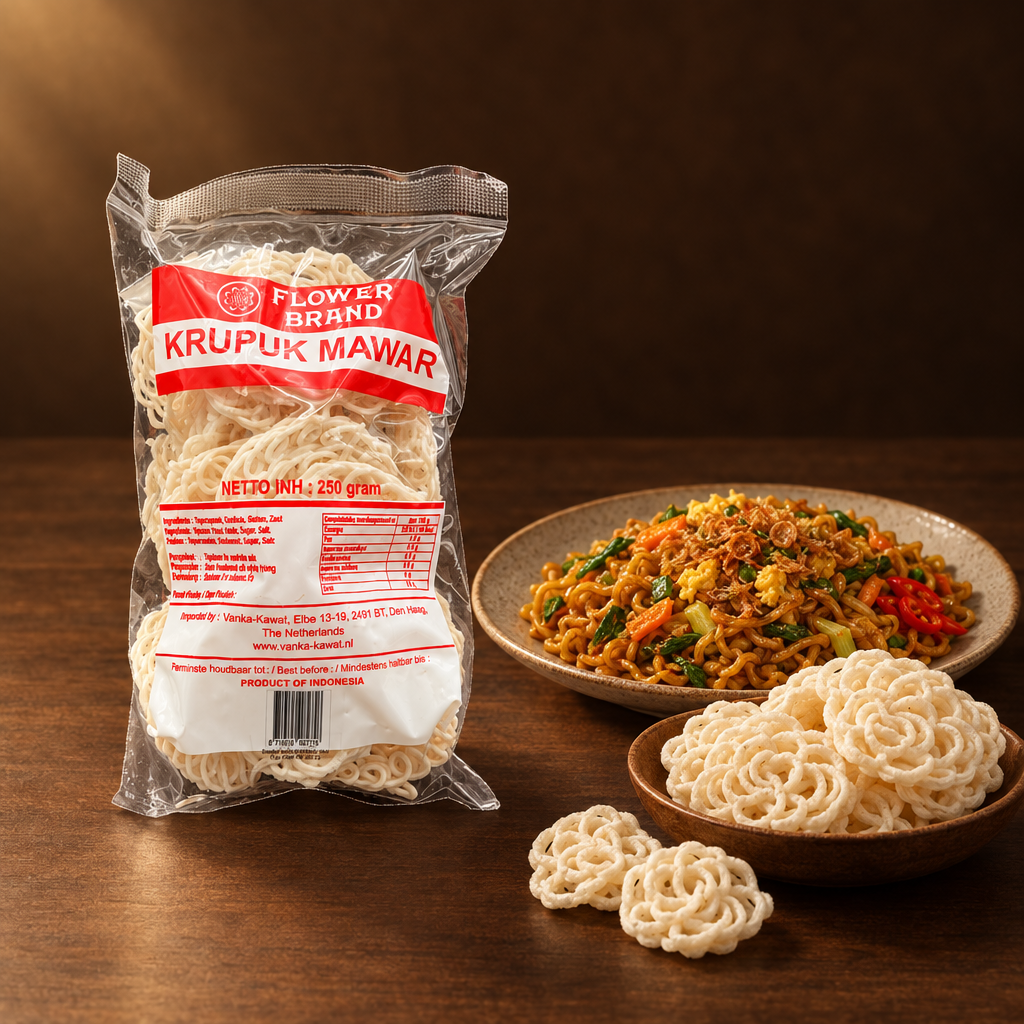 Kerupuk Mawar Flower Brand 250g – Packung mit Krupuk zu Mie Goreng