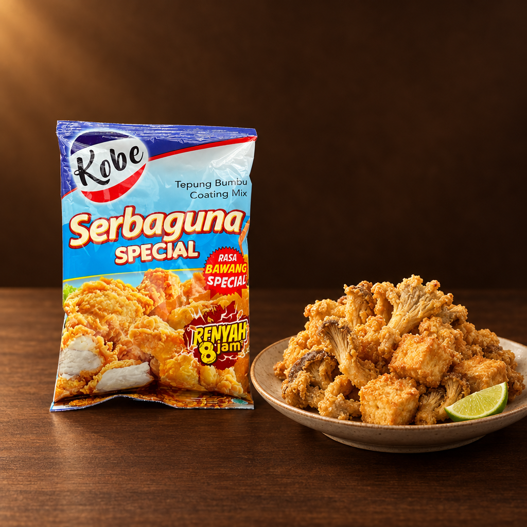 Kobe Tepung Serbaguna Special 100g – Packung mit frittierten Pilzen und Tofu