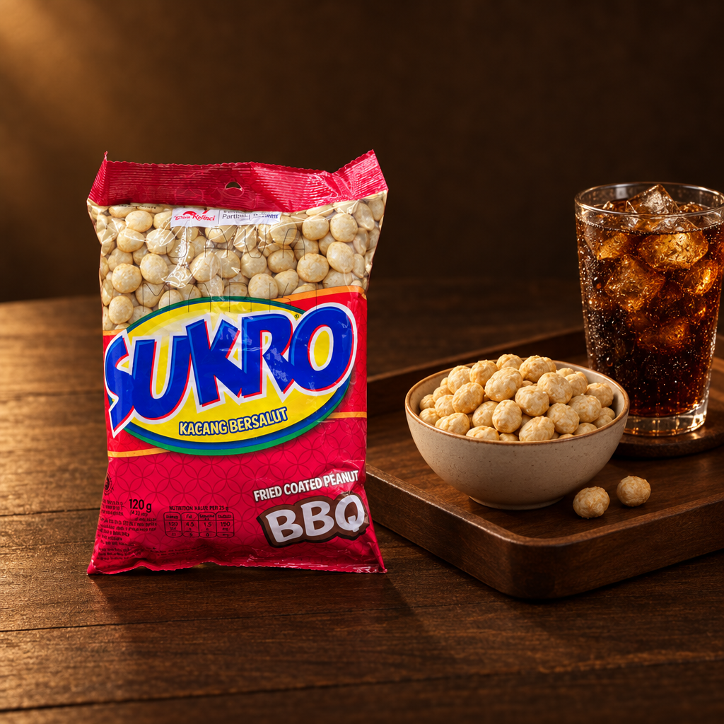 Dua Kelinci Sukro BBQ 120 g – Packung mit Snackschale und Getränk