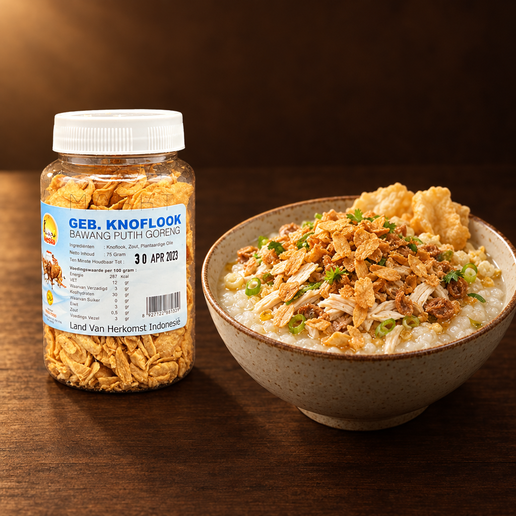 Bawang Putih Goreng – Dose mit Bubur Ayam Reisbrei und Röstknoblauch