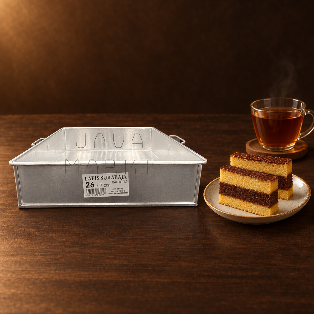 Cetakan Lapis Surabaya 26 cm – Form mit servierten Kuchenstücken und Tee