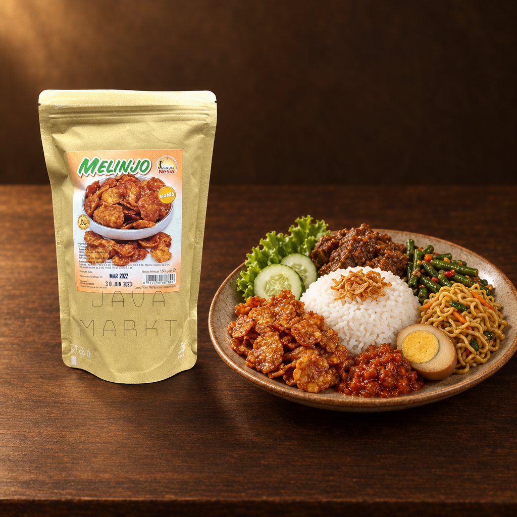 Keripik Melinjo Manis 100g – Packung mit Reisgericht und Melinjo-Chips als Beilage