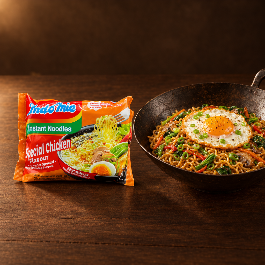 Indomie Ayam Special 85 g – Packung mit gebratenen Nudeln und Spiegelei