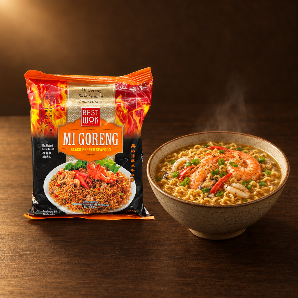 Best Wok Mie Goreng Black Pepper Seafood – Packung mit Nudelsuppe mit Meeresfrüchten