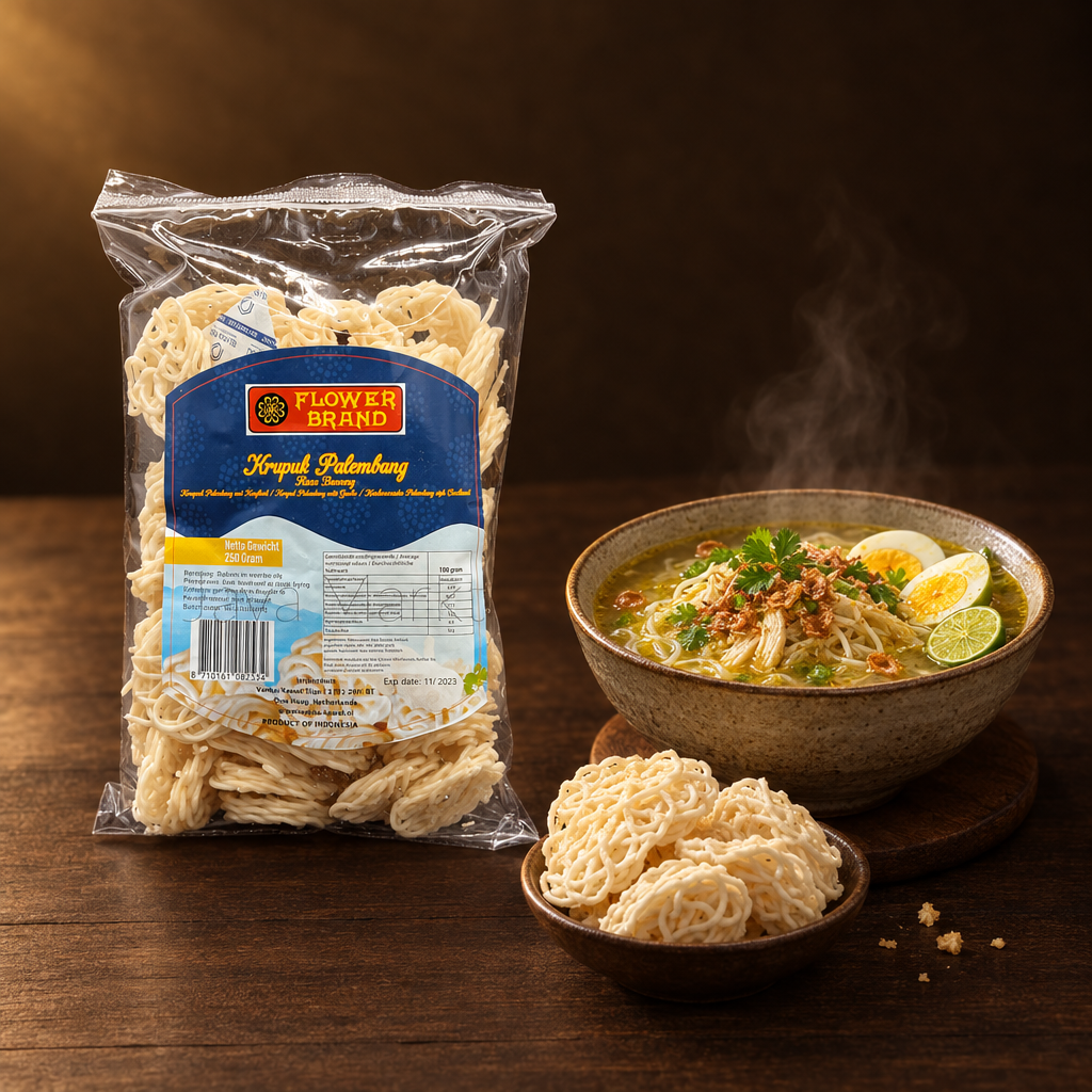 Kerupuk Palembang Rasa Bawang 250g – Packung mit Soto-Suppe und Krupuk
