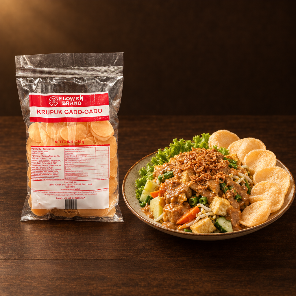 Kerupuk Gado Gado Flower Brand 250g – Packung mit Gado-Gado Teller