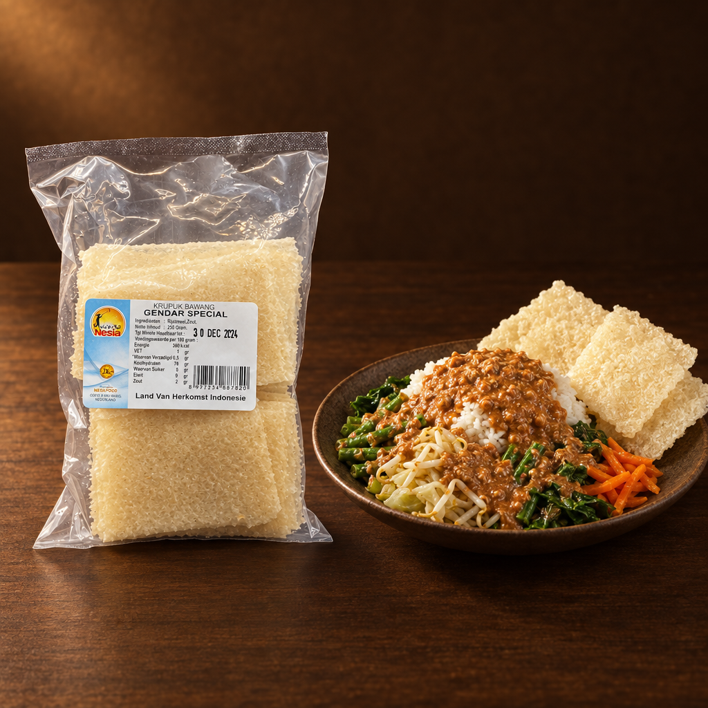 Kerupuk Gendar Spesial 250g – Packung mit Nasi Pecel und Krupuk