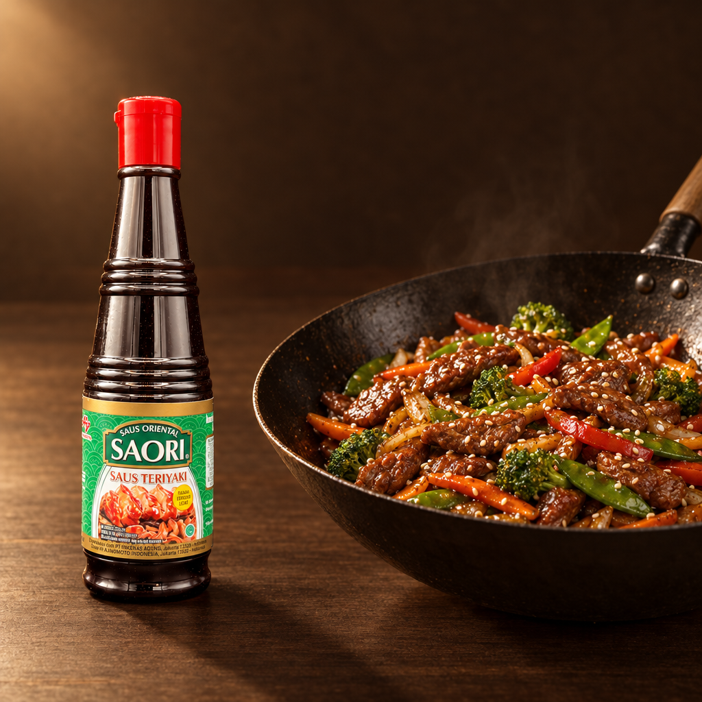 Saori Saus Teriyaki – Flasche mit Rindfleisch-Gemüse-Pfanne
