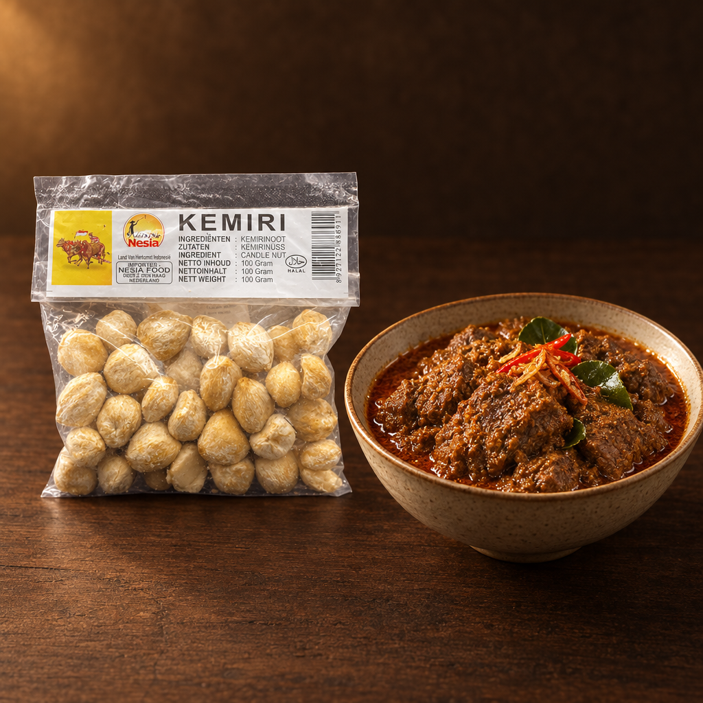 Kemiri Kemirinüsse 200g – Packung mit Rendang-Curry