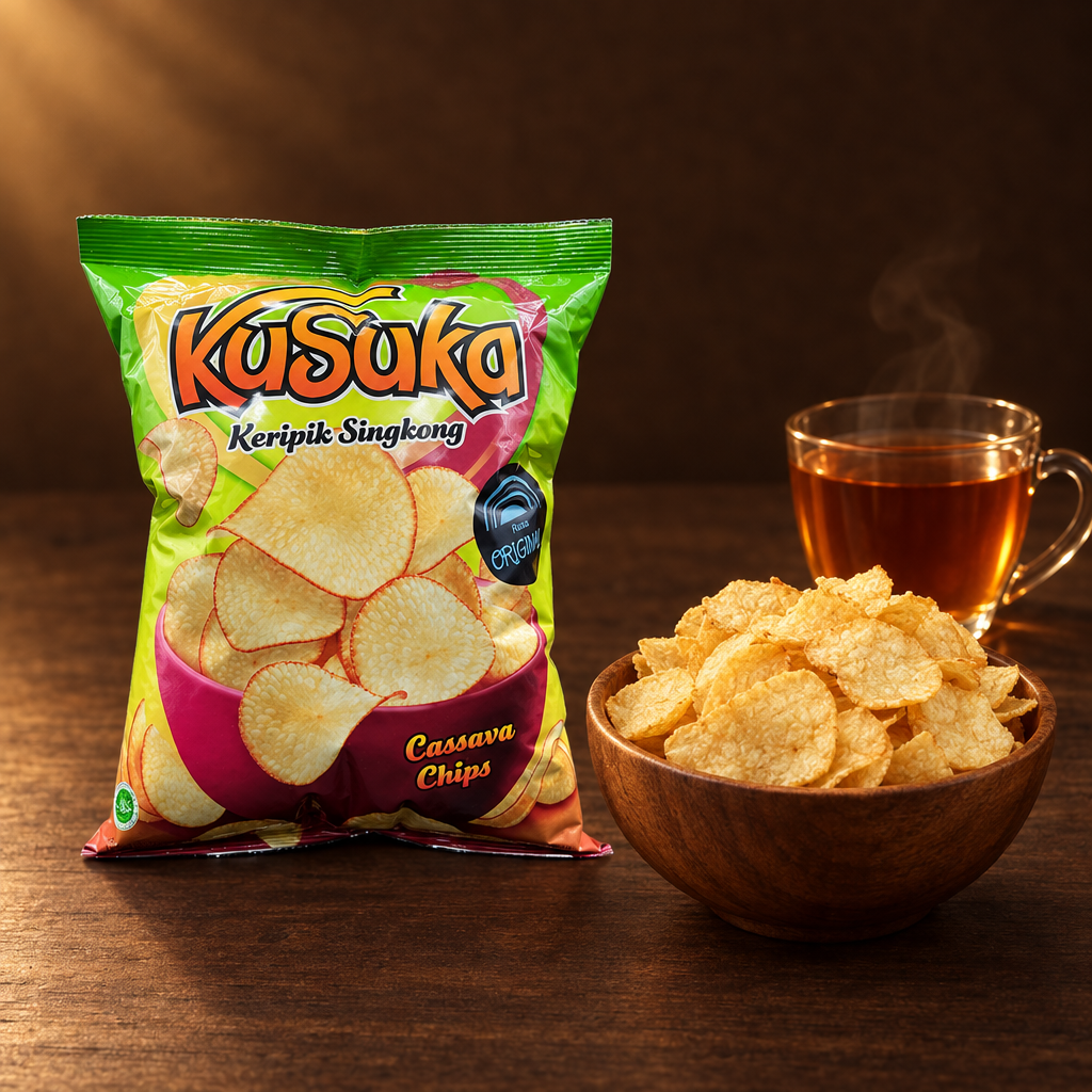 Kusuka Cassava Chips Original 145g – Packung mit Snackschale und Tee
