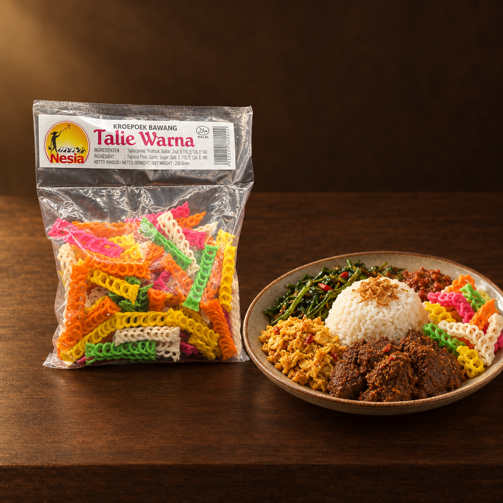 Kerupuk Bawang Talie Warna 250g – Packung mit Reisgericht und bunten Krupuk