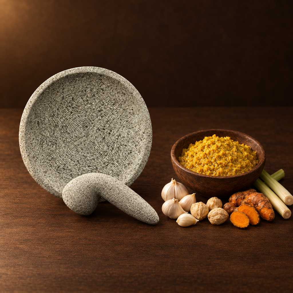 Cobek Batu 24 cm – Steinmörser mit frisch gemahlener Gewürzpaste