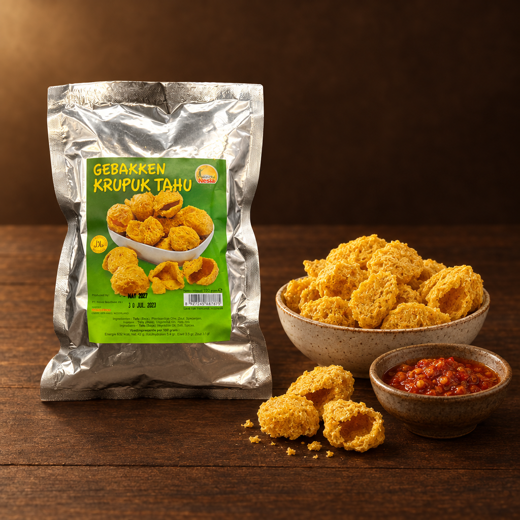 Kerupuk Tahu Goreng 100g – Packung mit Tofu-Crackern und Sambal-Dip