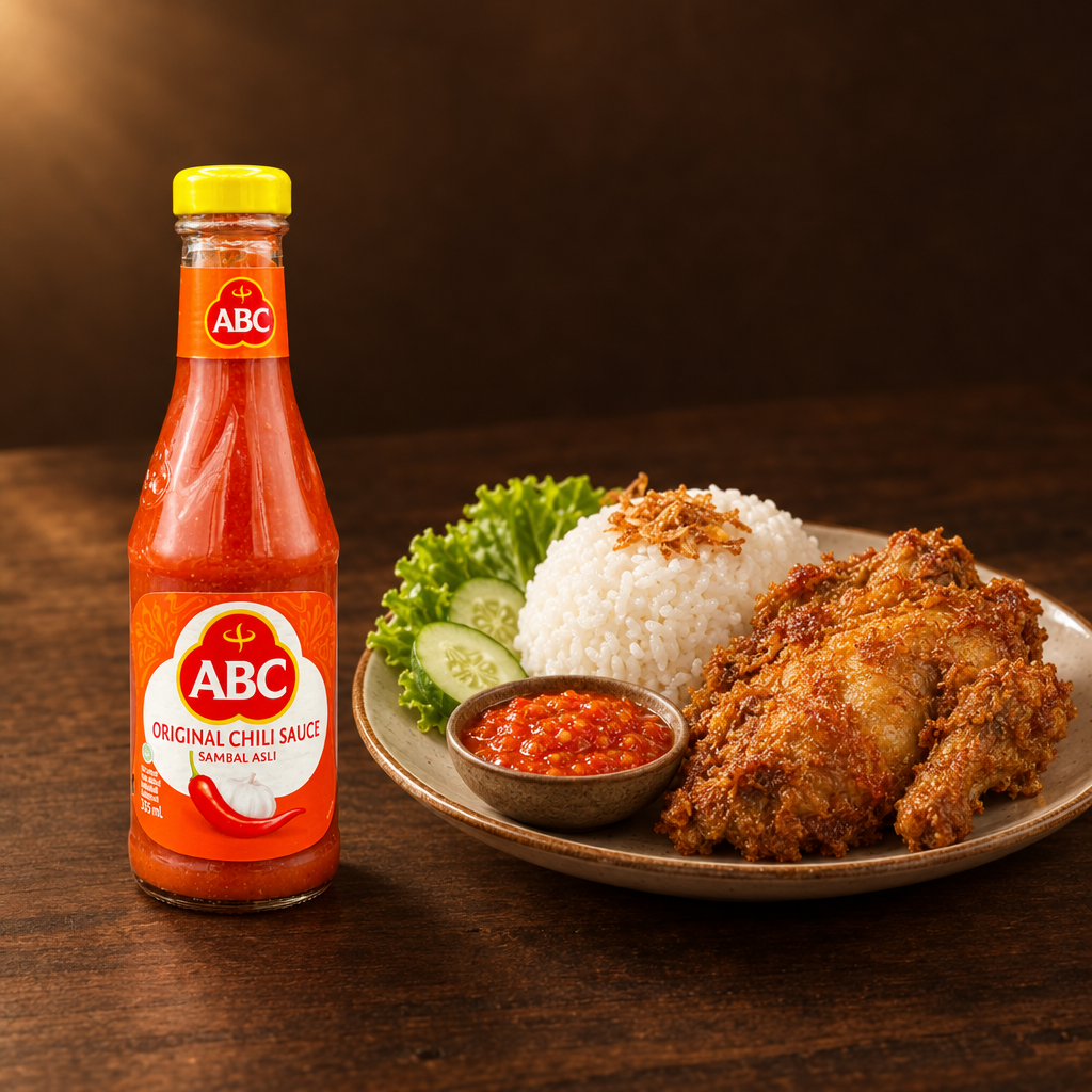 ABC Sambal Asli 335 ml – Flasche mit Ayam Goreng und Reis