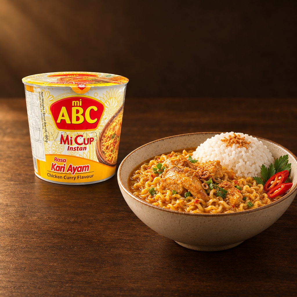 ABC Mi Cup Rasa Kari Ayam 60 g – Becher mit Currysuppe und Reis