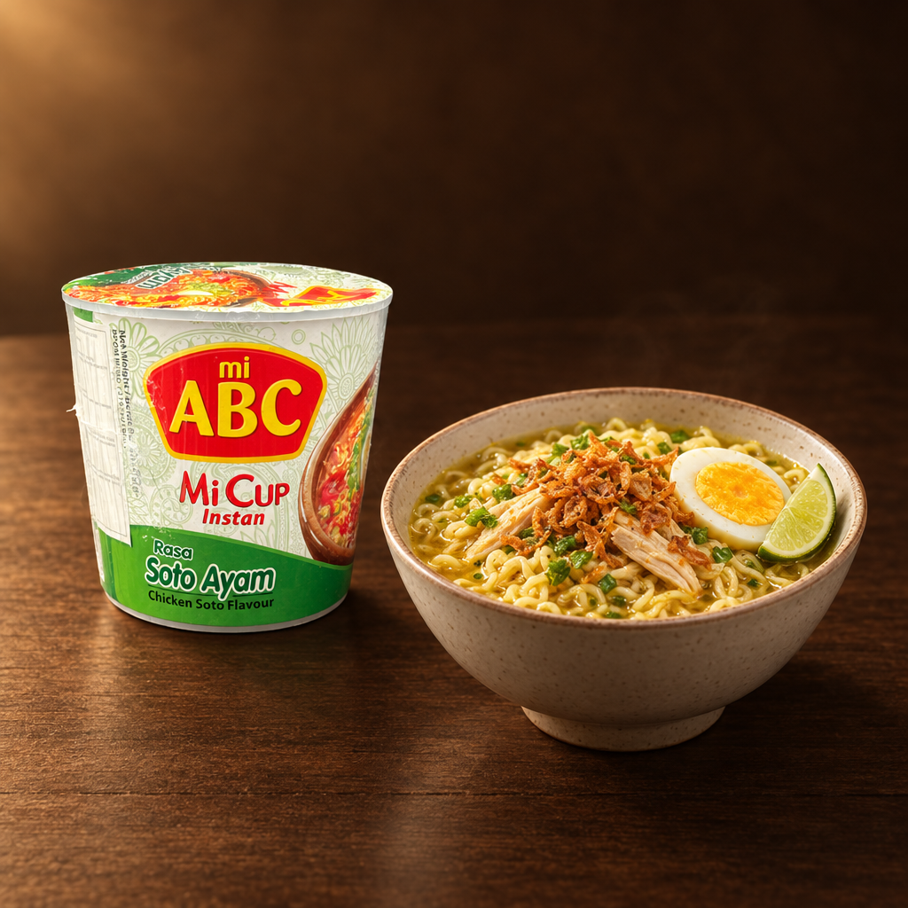 ABC Mi Cup Rasa Soto Ayam 60 g – Becher mit Suppe in der Schüssel und Ei