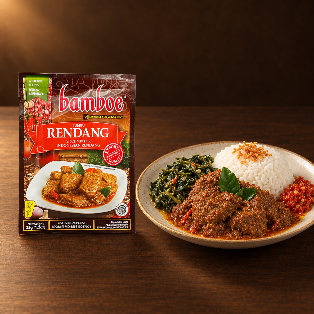 Bamboe Bumbu Rendang 35 g – Packung mit Rendang-Teller und Reis