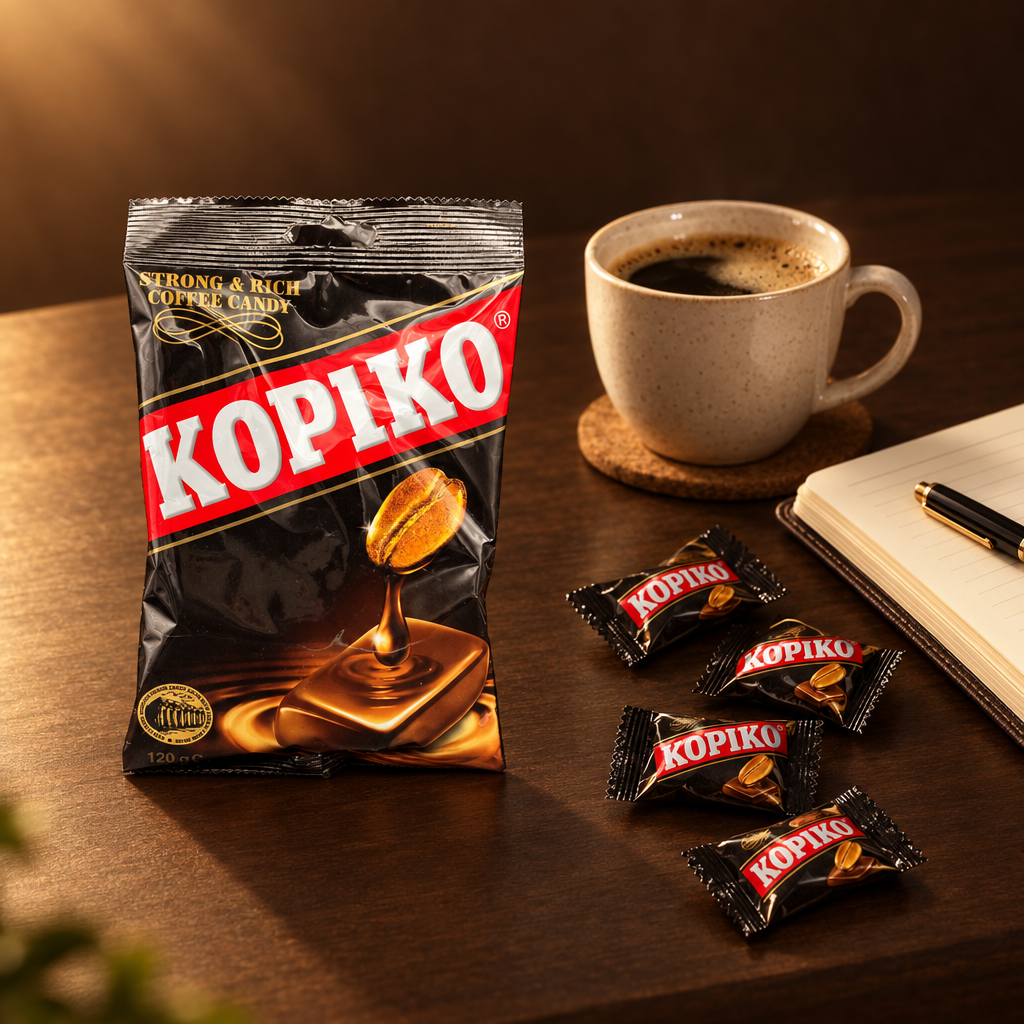 Kopiko Kaffee-Bonbons 150g – Packung mit Bonbons am Schreibtisch