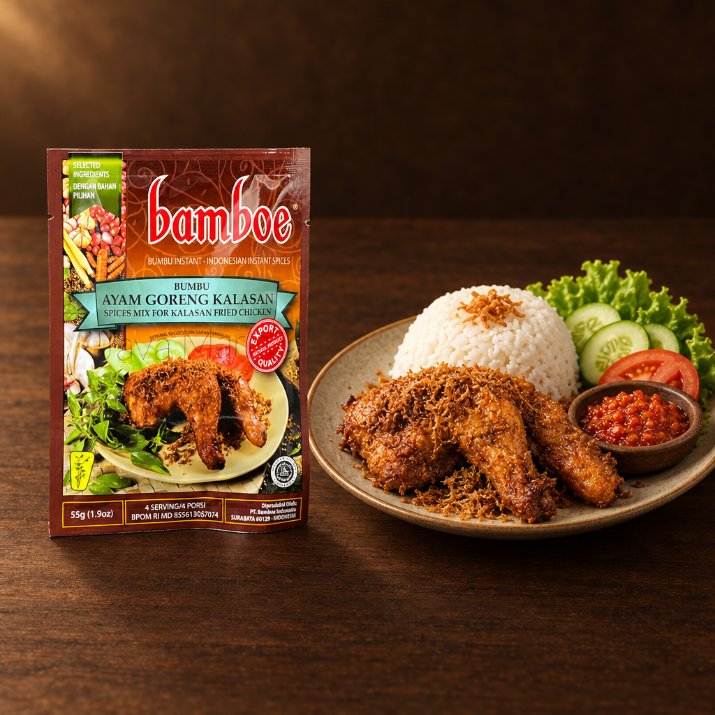 Bamboe Bumbu Ayam Goreng Kalasan 67 g – Packung mit komplettem Reisteller