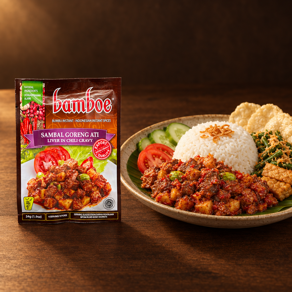 Bamboe Sambal Goreng Ati 54 g – Packung mit festlichem Reisteller