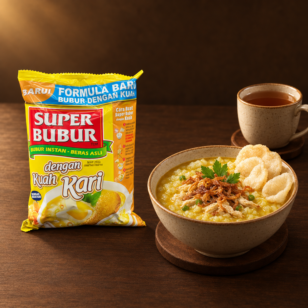 Super Bubur Instant Rasa Kari Ayam 46g – Packung als Frühstück mit Tee