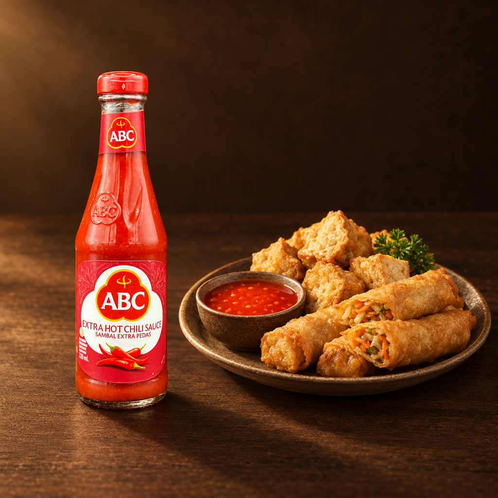 ABC Sambal Extra Pedas 335 ml – Flasche mit frittierten Snacks und Dip