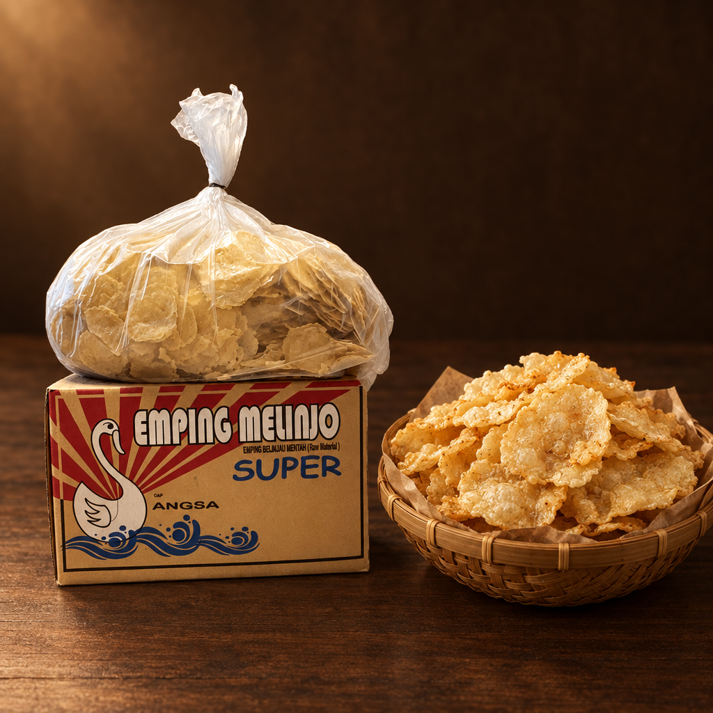 Emping Melinjo Mentah 5 kg – Großpackung mit Korb voller frittierter Emping