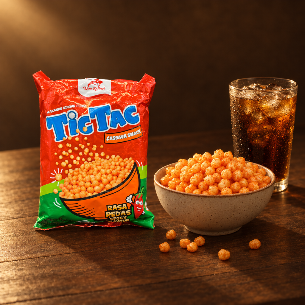 Tic Tac Rasa Pedas 24g – Packung mit Snackschale und Getränk