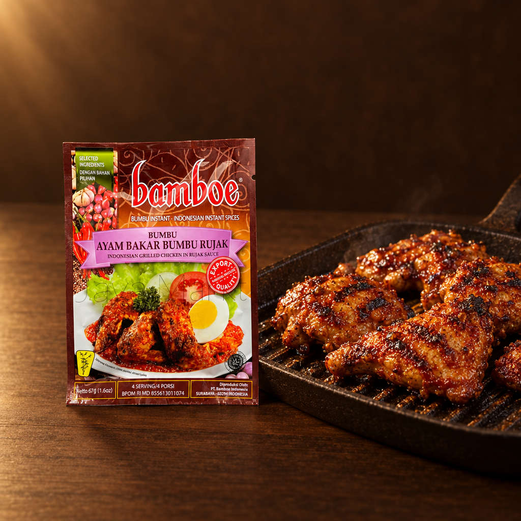 Bamboe Bumbu Ayam Bakar Bumbu Rujak 67 g – Packung mit Hähnchen in der Grillpfanne