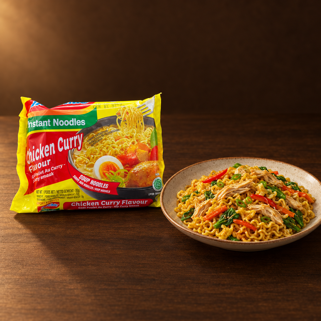 Indomie Kari Ayam 85 g – Packung mit gebratenen Currynudeln