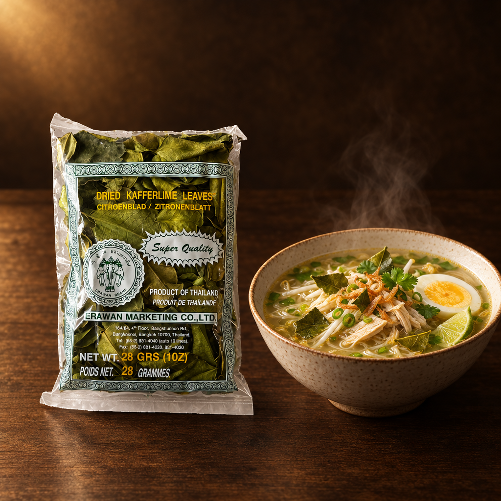 Erawan Daun Jeruk Kering 28 g – Packung mit klarer Soto-Suppe