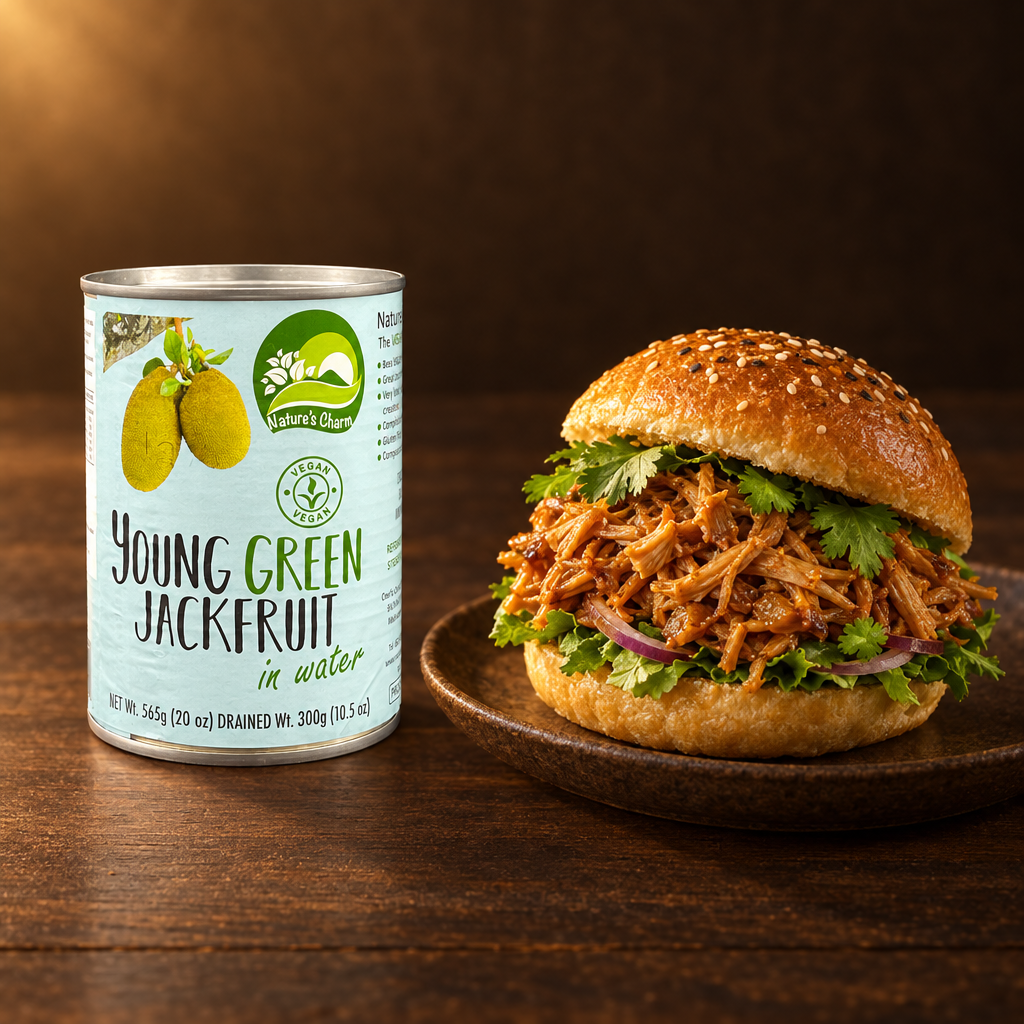 Nature's Charm Nangka Muda Jackfruit VEGAN 565g – Dose mit veganem Pulled-Jackfruit-Burger
