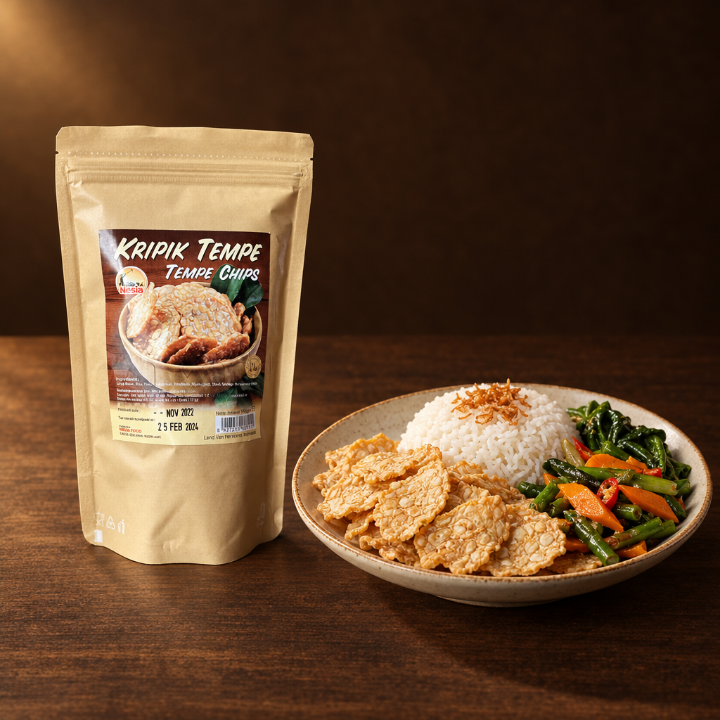 Keripik Tempe 100g – Packung mit Reisgericht und Tempeh-Chips