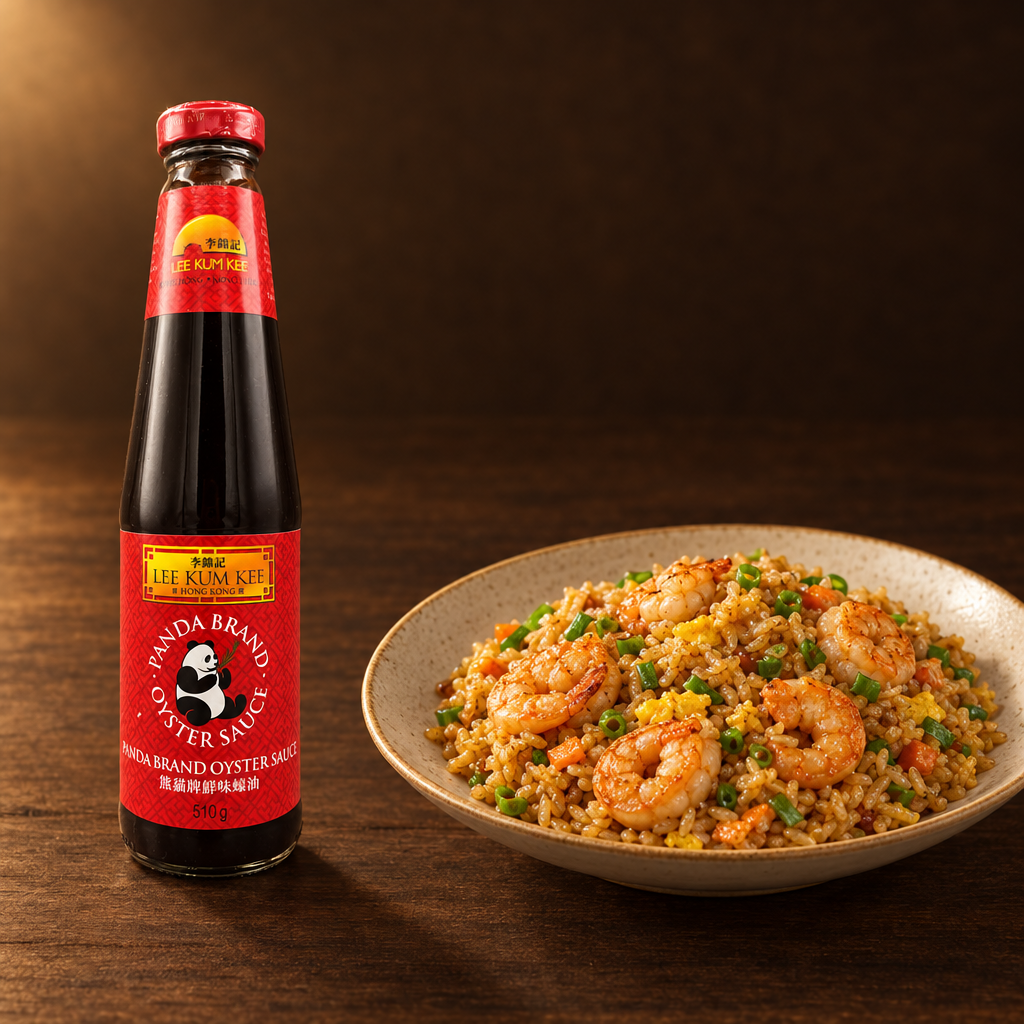 Panda Brand Austernsoße – Flasche mit gebratenem Reis und Garnelen
