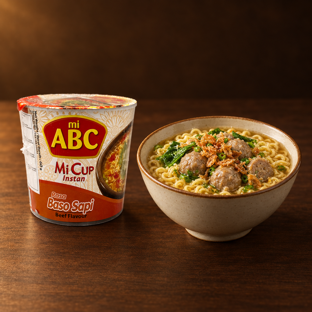 ABC Mi Cup Rasa Bakso Sapi 60 g – Becher mit Bakso in der Schüssel